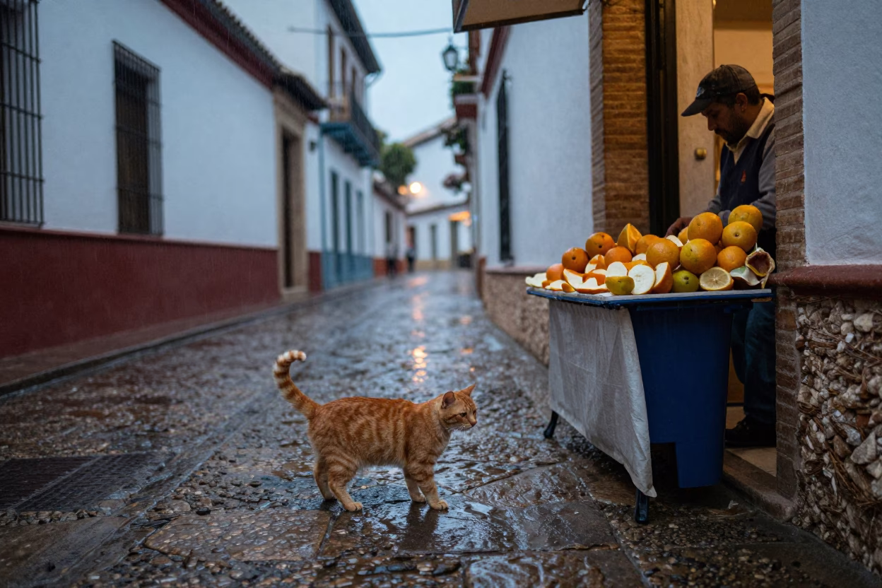 Dusk rain on Alhambra street with ginger cat and ceramic mugs in in Granada, Spain