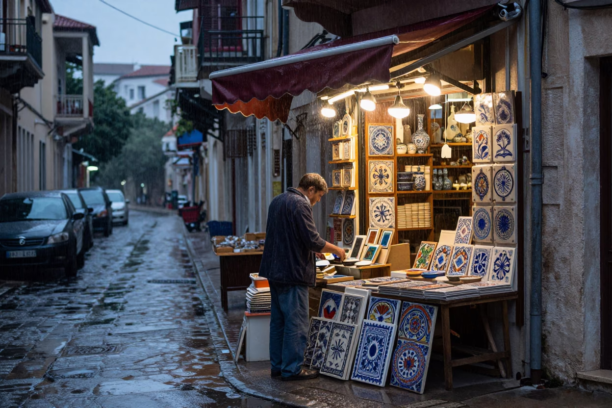 Dusk Rain on Athens Street Corner with Shopkeeper and Ceramic Tiles in in Athens, Greece