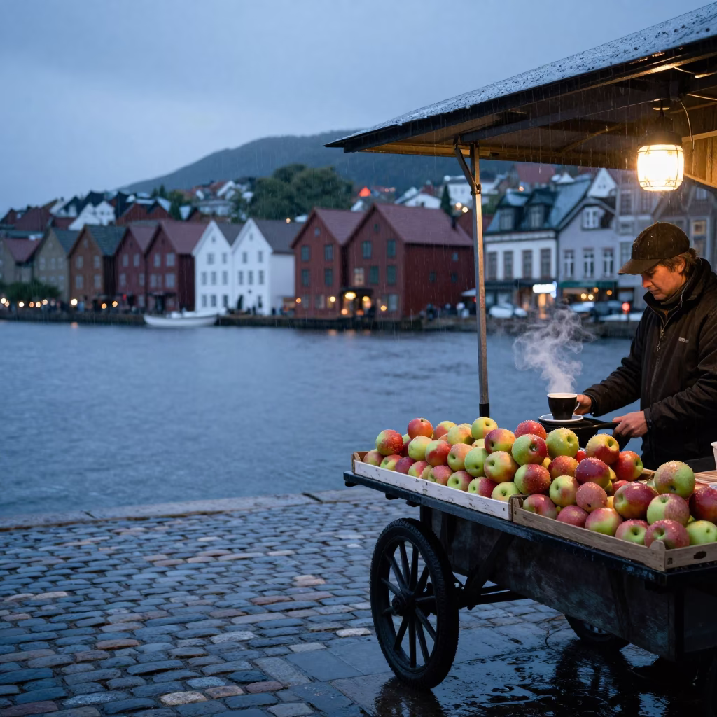 Dusk rain on Bergen cobblestones with steaming coffee and wet fruit in in Bergen, Norway