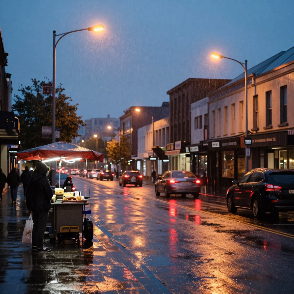 Dusk Rain on Christchurch Streets with Street Vendor and Pedestrians in in Christchurch, New Zealand