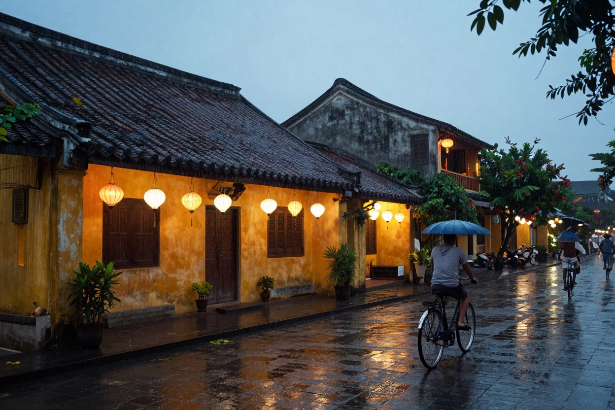 Dusk Rain on Hoi An Lanterns Bicycle and Wet Cobblestones in in Hoi An, Vietnam