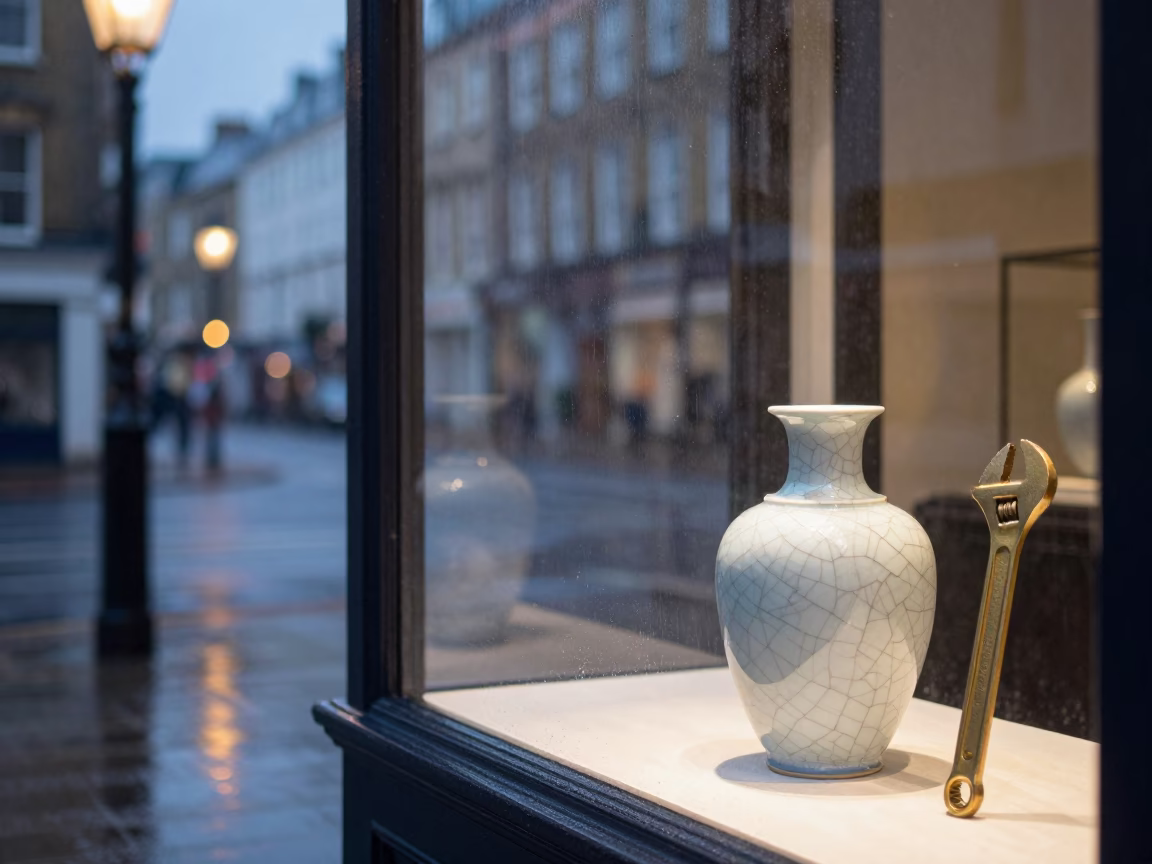 Dusk rain on London street with porcelain and metal tools visible in in London, United Kingdom