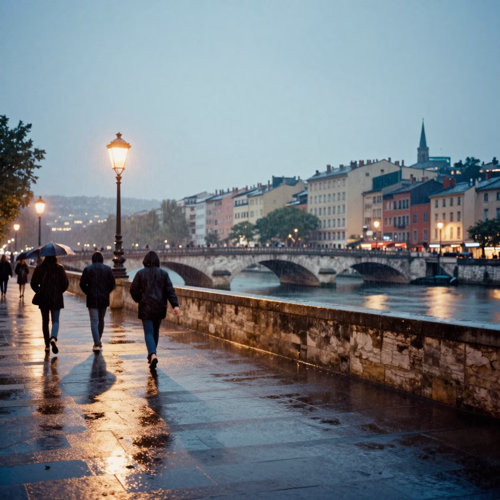 Dusk Rain on Lyon Stone Bridge Overlooking Rhone River Ripples in in Lyon, France