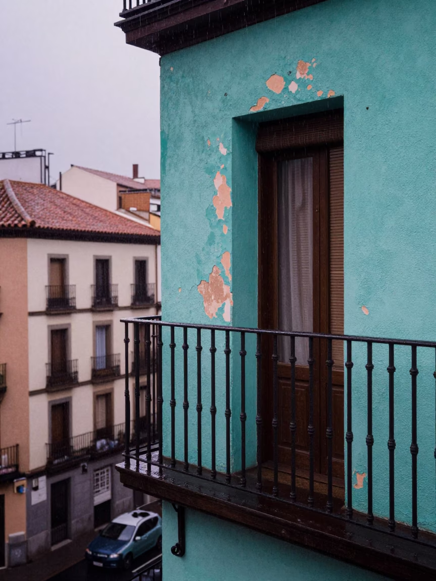 Dusk Rain on Madrid Balcony with Turquoise Paint and Potted Succulents in in Madrid, Spain