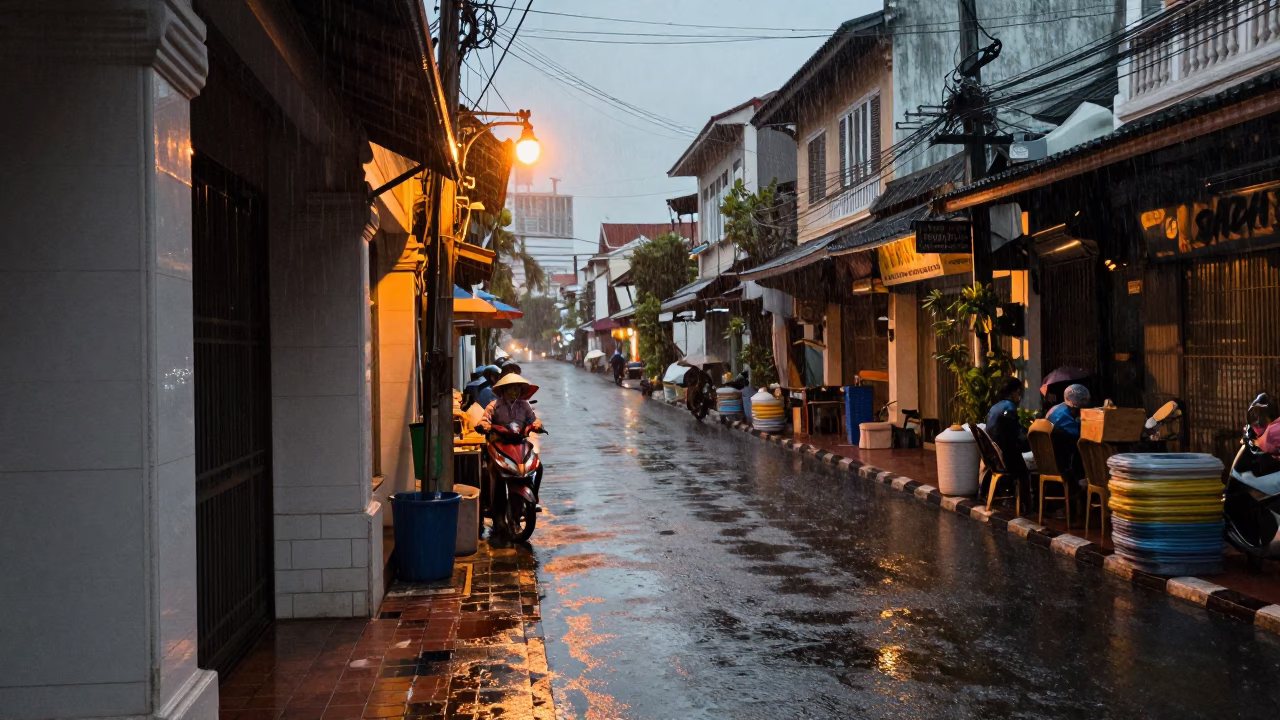 Dusk Rain on Phuket Street with Ceramic Tiles and Skillet in in Phuket, Thailand