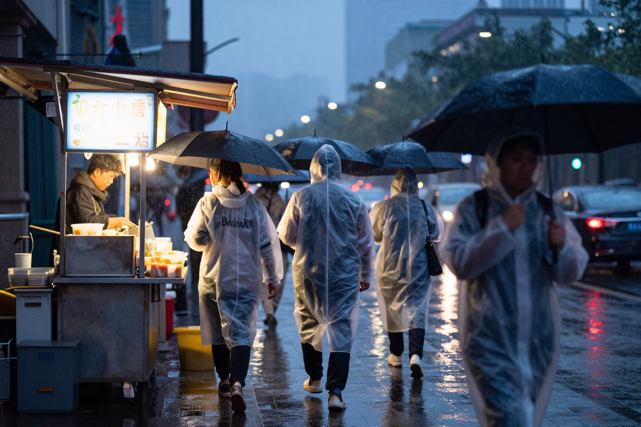Dusk Rain on Shanghai Street with Umbrellas and Neon Reflections in in Shanghai, China