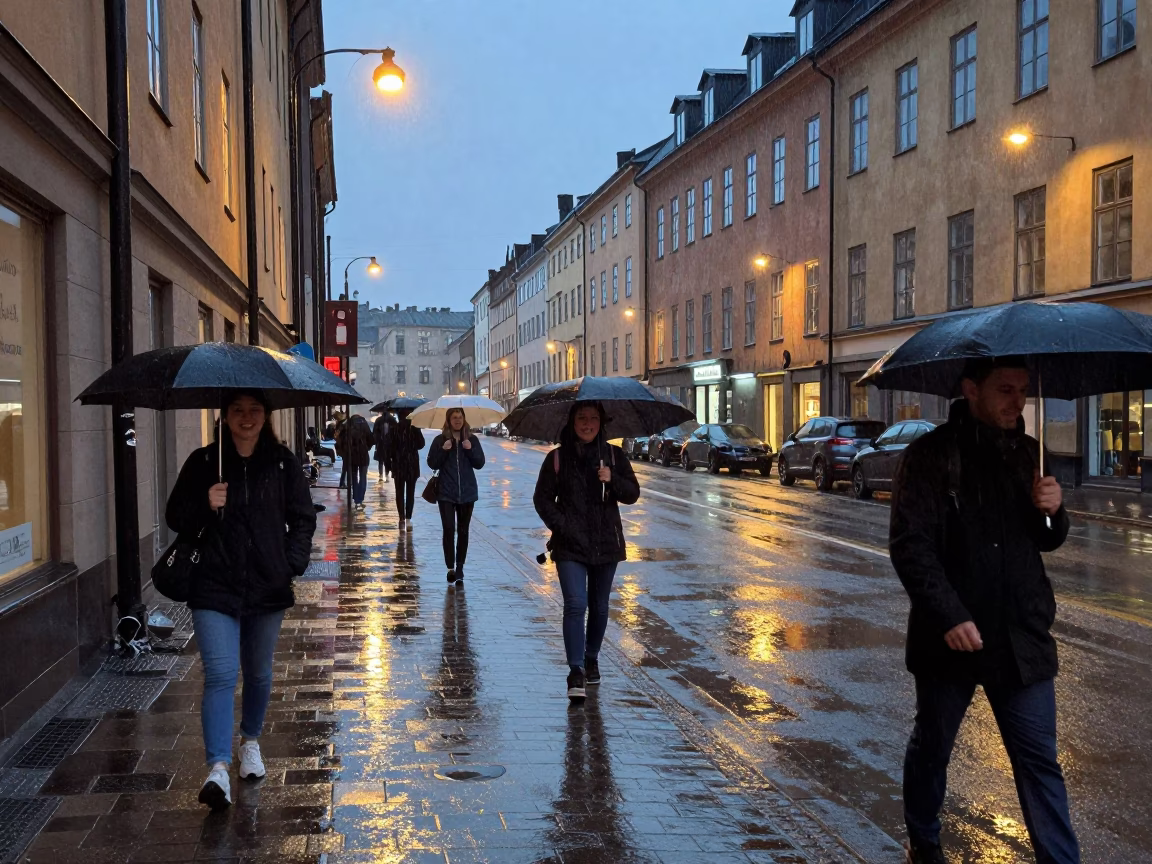 Dusk Rain on Stockholm Street with Workers and Umbrellas in in Stockholm, Sweden