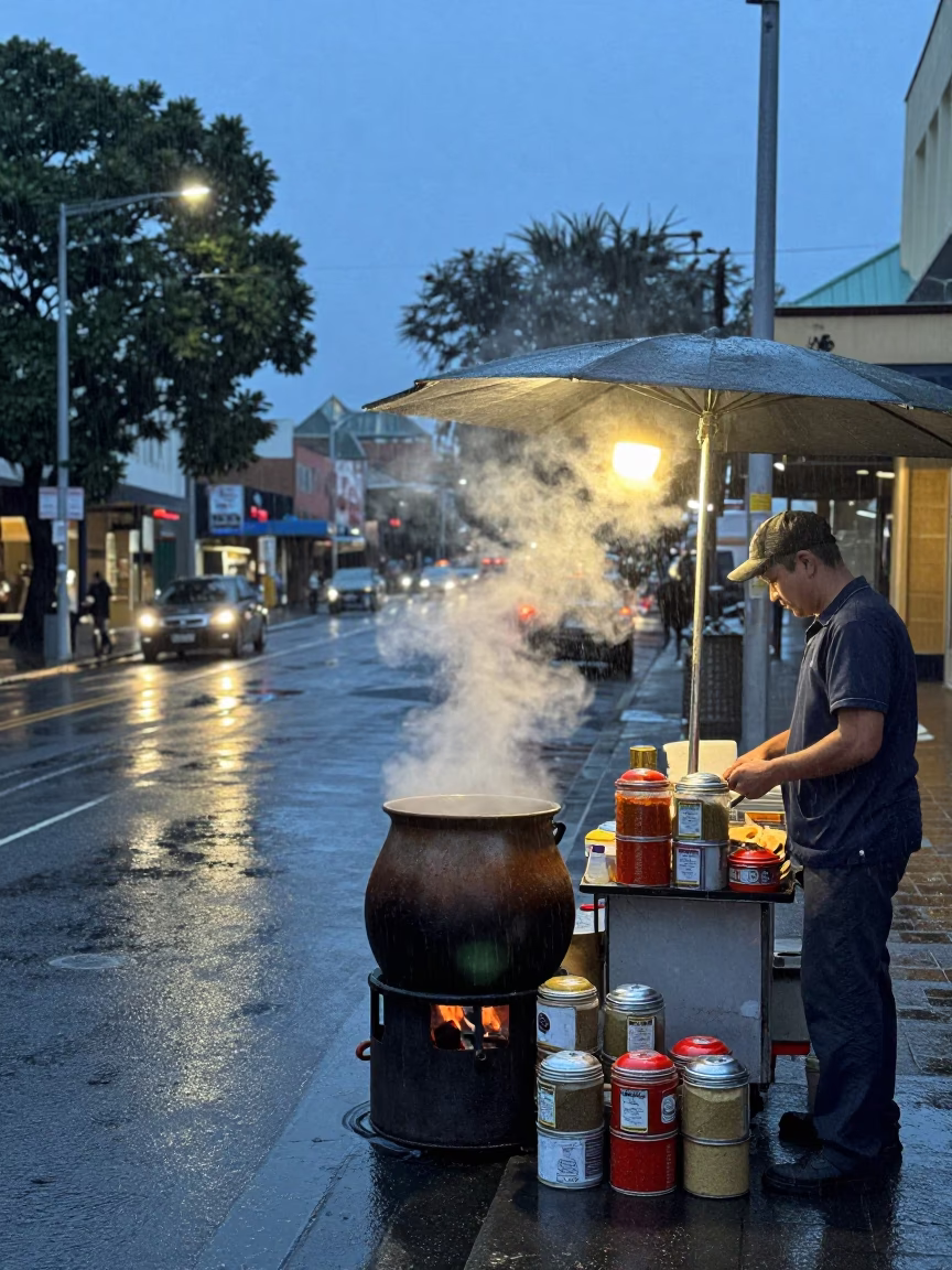 Dusk Rain on Sydney Street with Tea Seller and Spice Tins in in Sydney, New South Wales, Australia