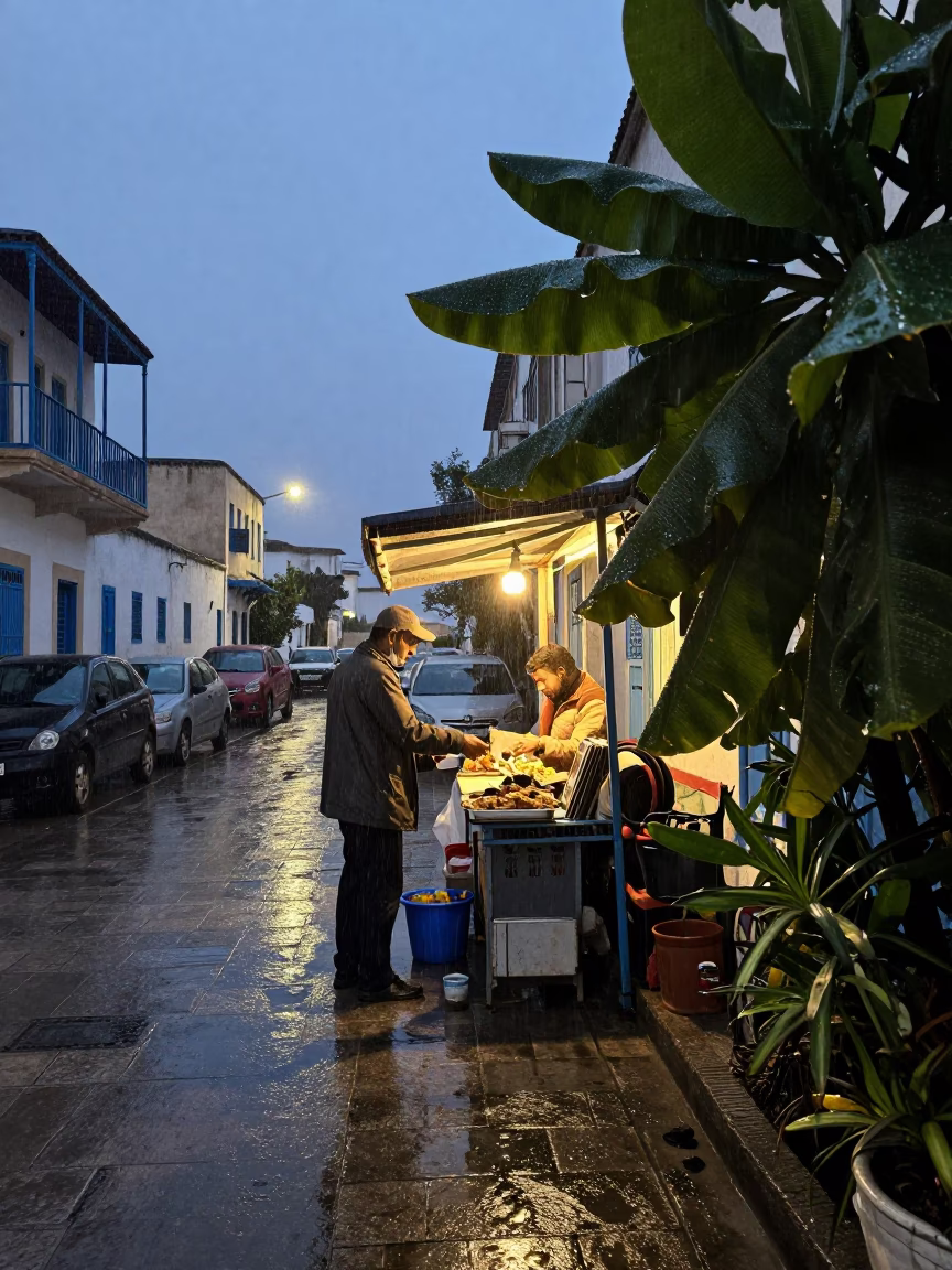 Dusk Rain on Tunis Street with Vendor and Vintage Plate in in Tunis, Tunisia