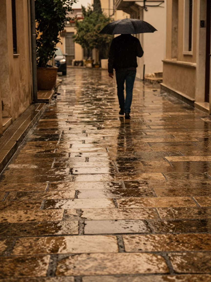 Dusk Rain Reflections on Ancient Stone Pavement in Athens Greece in in Athens, Greece