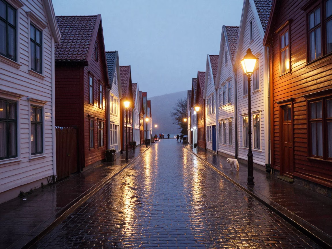 Dusk Rain Reflections on Cobblestone Street in Bergen Norway in in Bergen, Norway