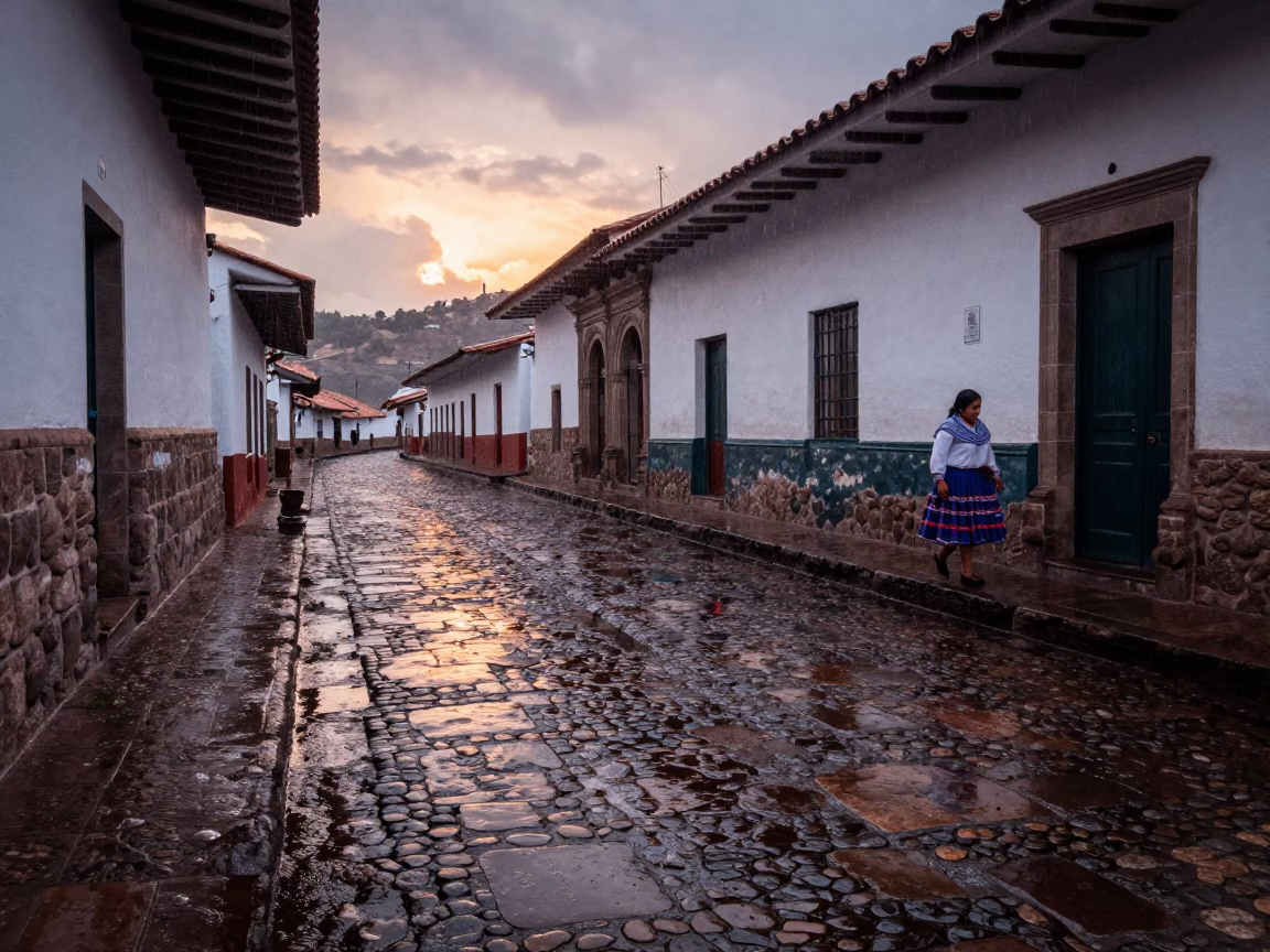 Dusk Rain Reflections on Cobblestone Street in Cusco Peru in in Cusco, Peru
