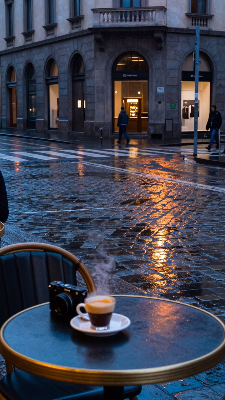 Dusk Rain Reflections on Milan Street Corner Cafe Table in in Milan, Italy