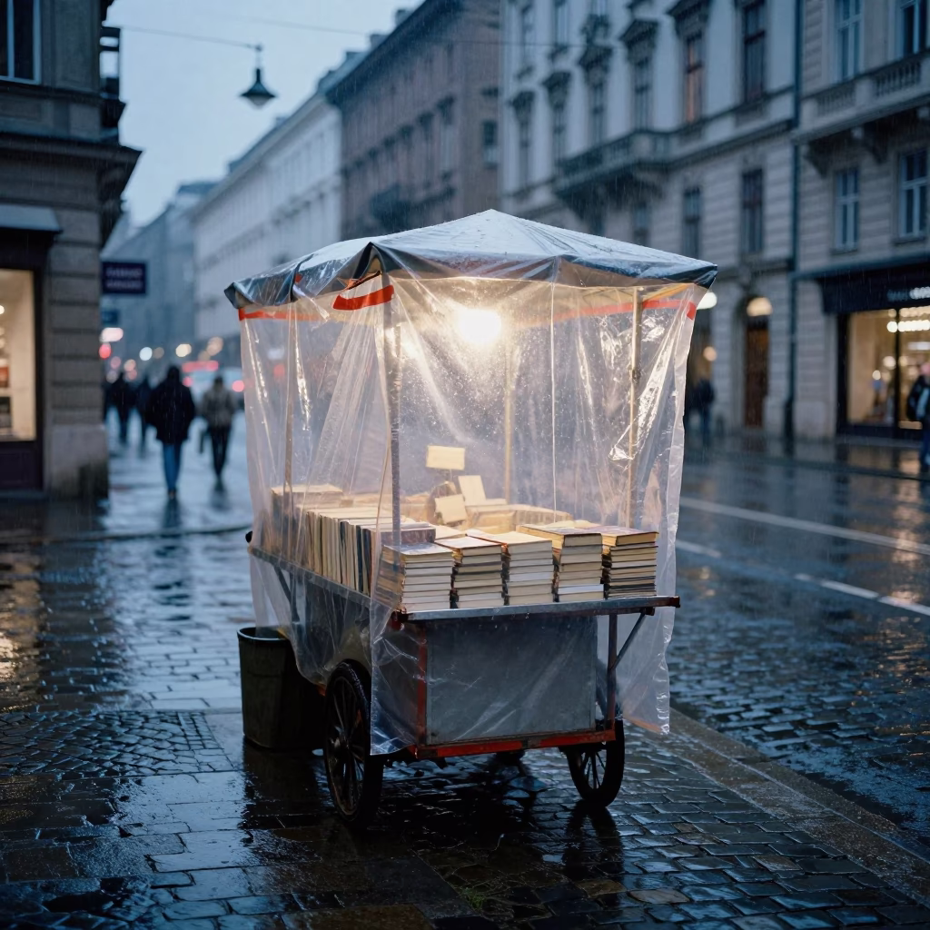 Dusk Rain Slippery Cobblestones Vienna Street Corner in in Vienna, Austria