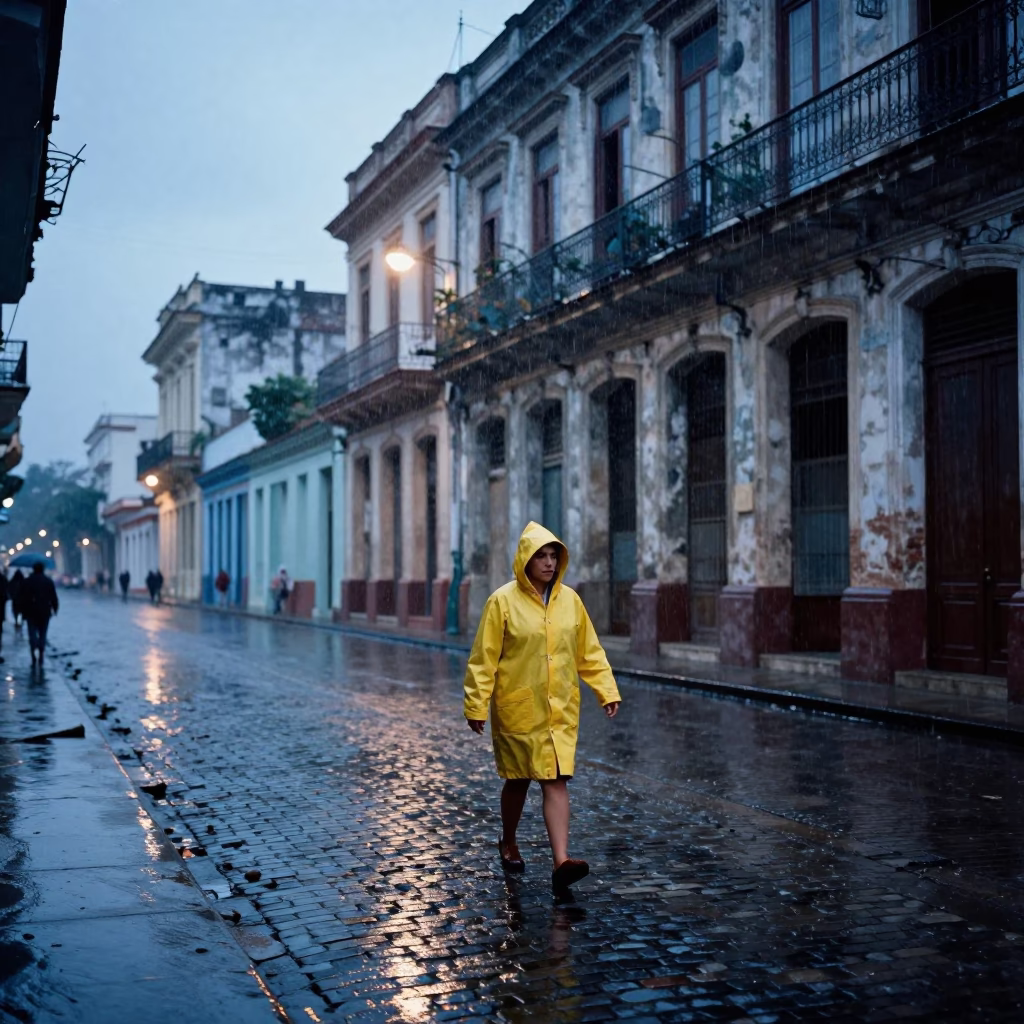 Dusk rain street scene in Havana Cuba with wet pavement reflections in in Havana, Cuba