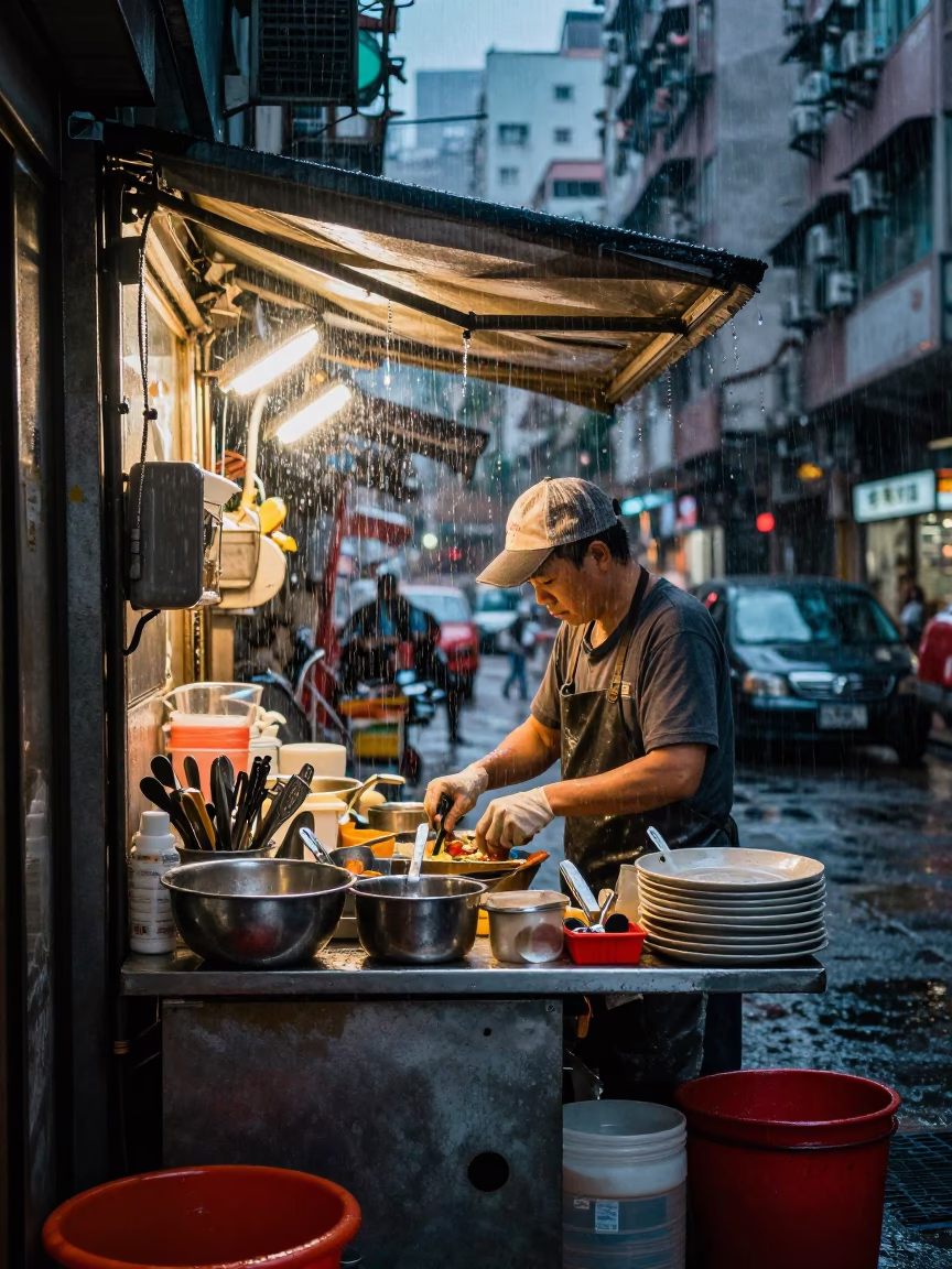 Dusk Rain Street Stall Vendor Sorting Kitchen Utensils in Hong Kong in in Hong Kong, Hong Kong