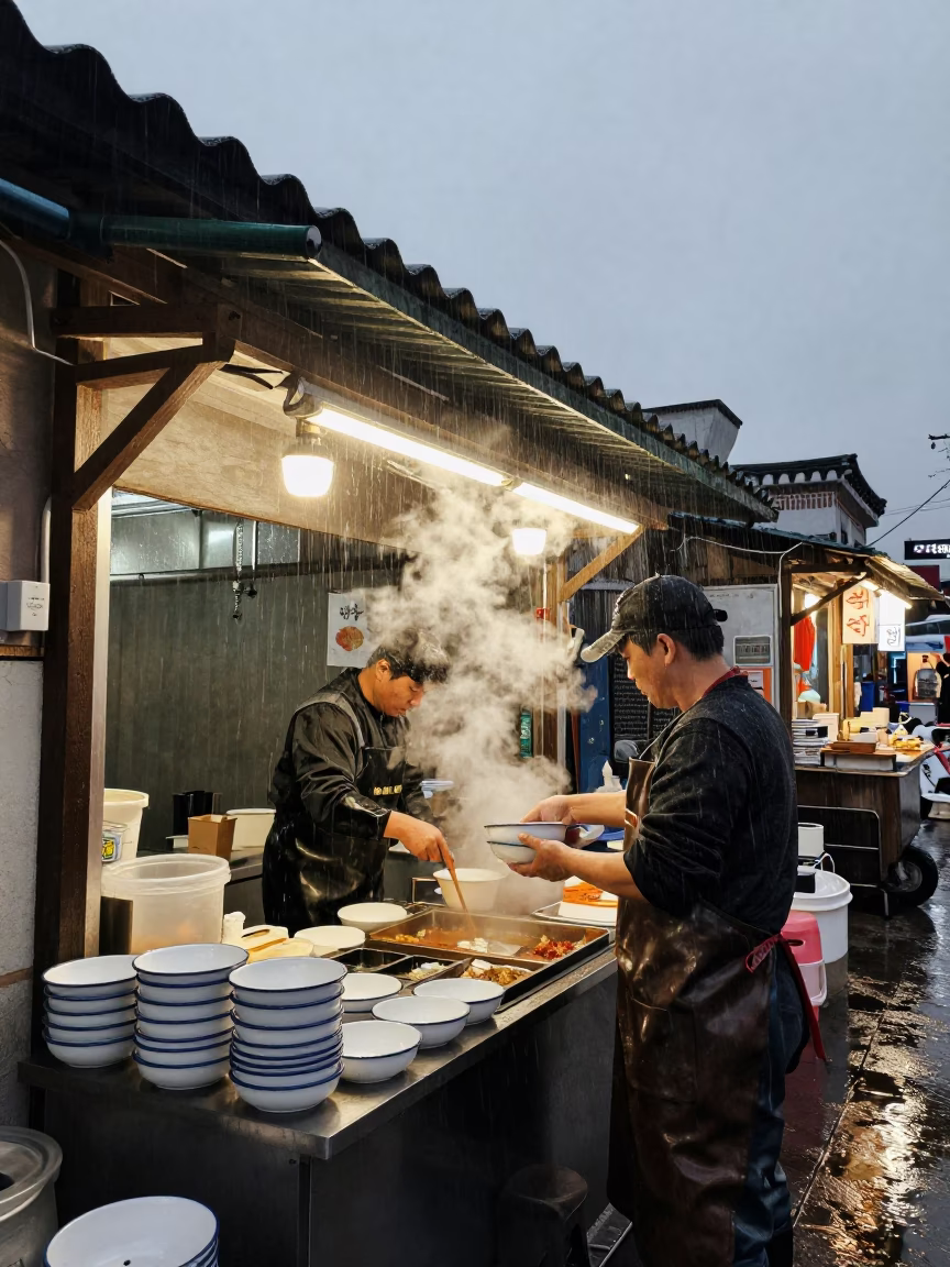 Dusk Rain Street Vendor Seoul Korea Enamel Bowls in in Seoul, South Korea