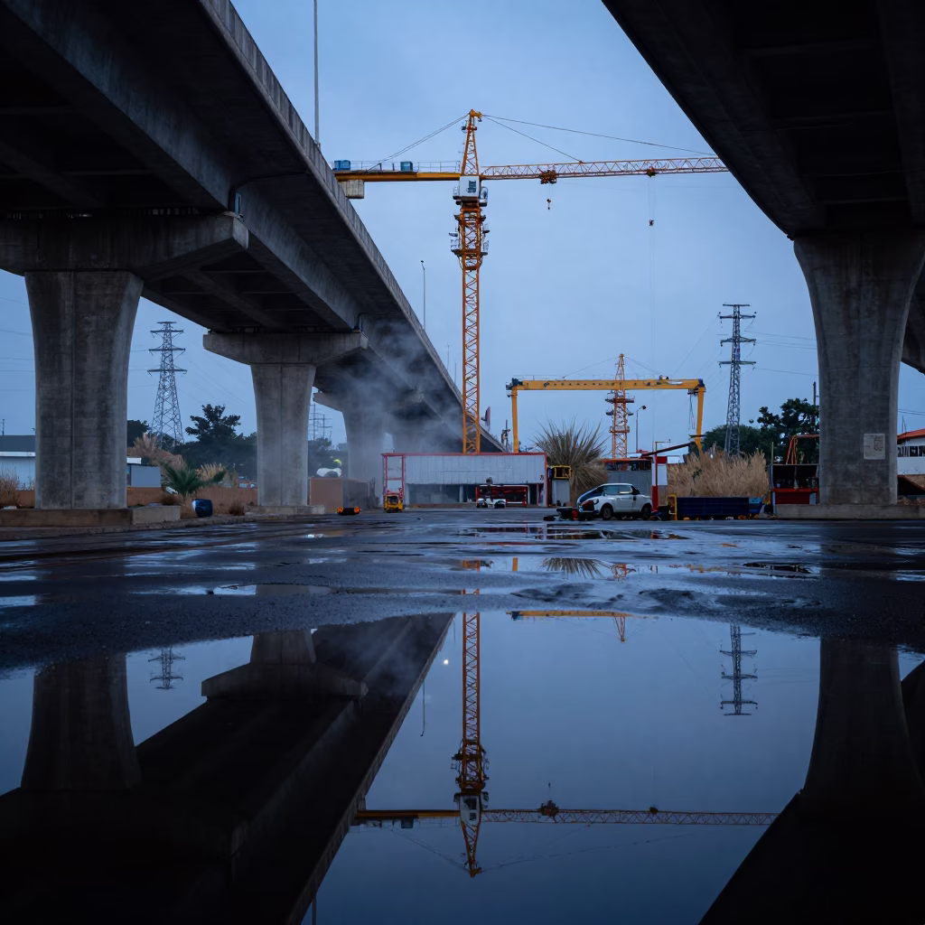 Dusk Reflection of Crane Over Minatitlán Overpass in under gantries and utility towers near Minatitlán