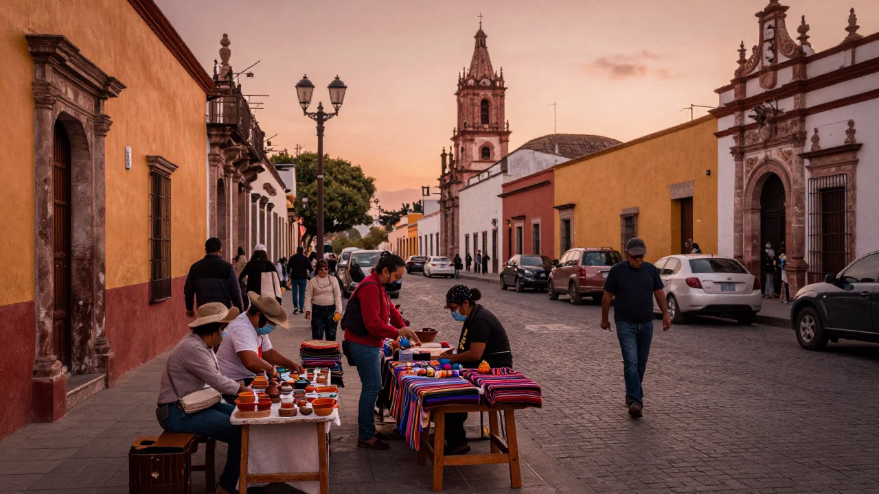 Dusk Scene in Merida at Copper-toned Light Before Dusk in in Merida, Mexico