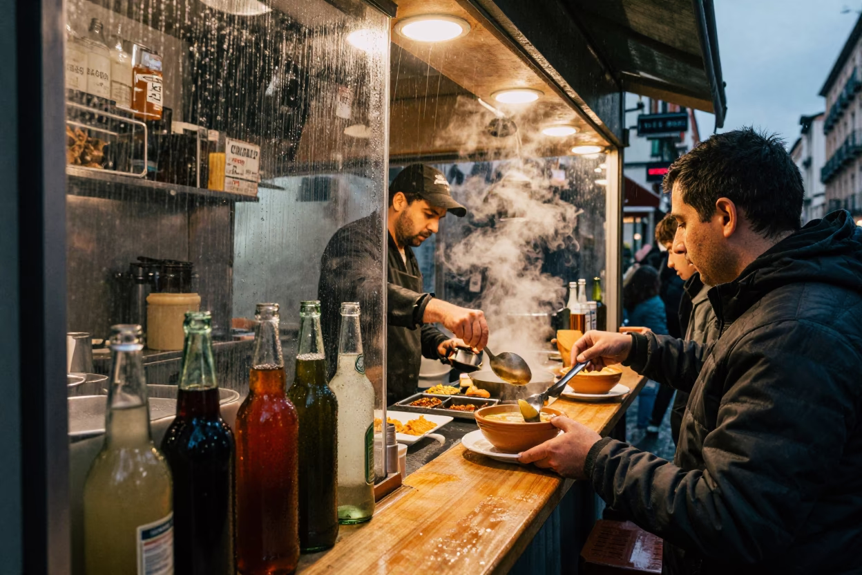 Dusk street food vendor serves hot soup under light rain in Madrid in in Madrid, Spain