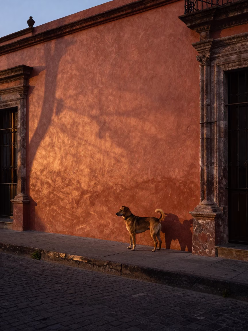 Dusk Street in Mexico City at Copper-toned Light Before Dusk in in Mexico City, Mexico