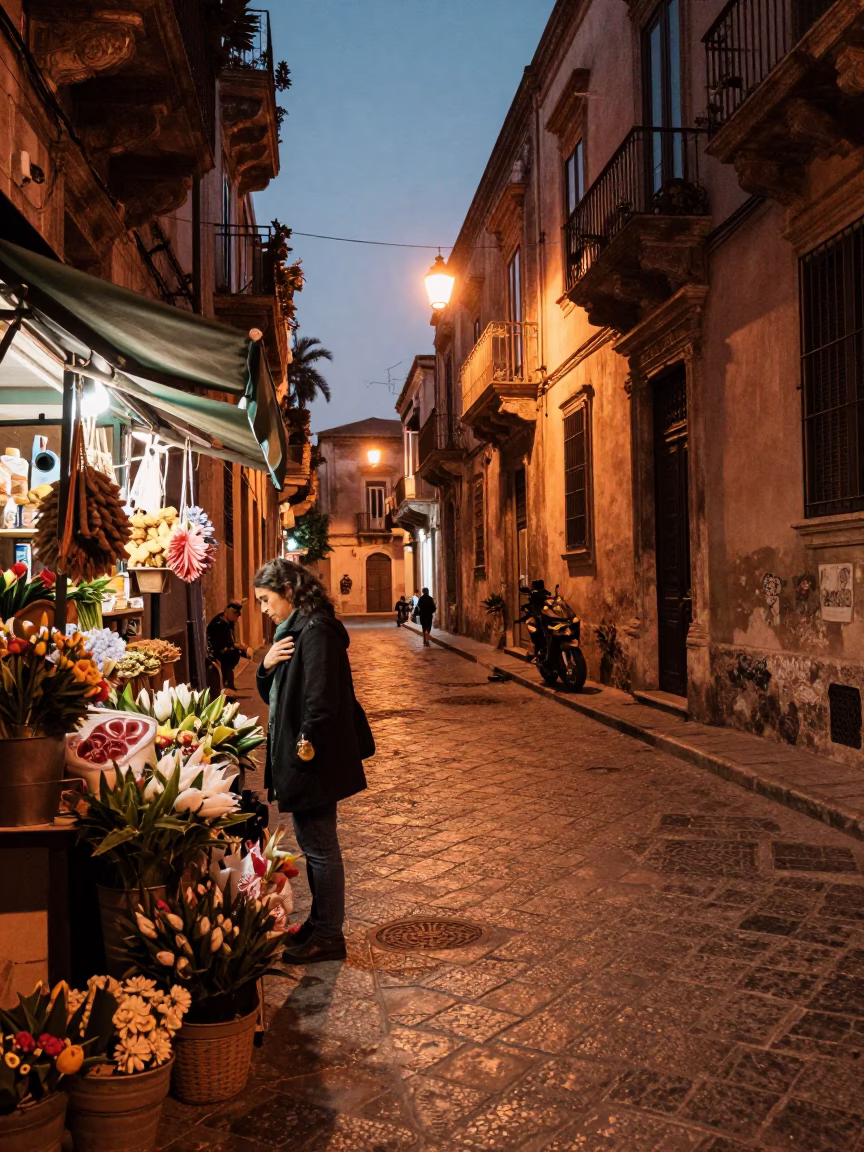 Dusk Street in Palermo at Copper-toned Light Before Dusk in in Palermo, Italy