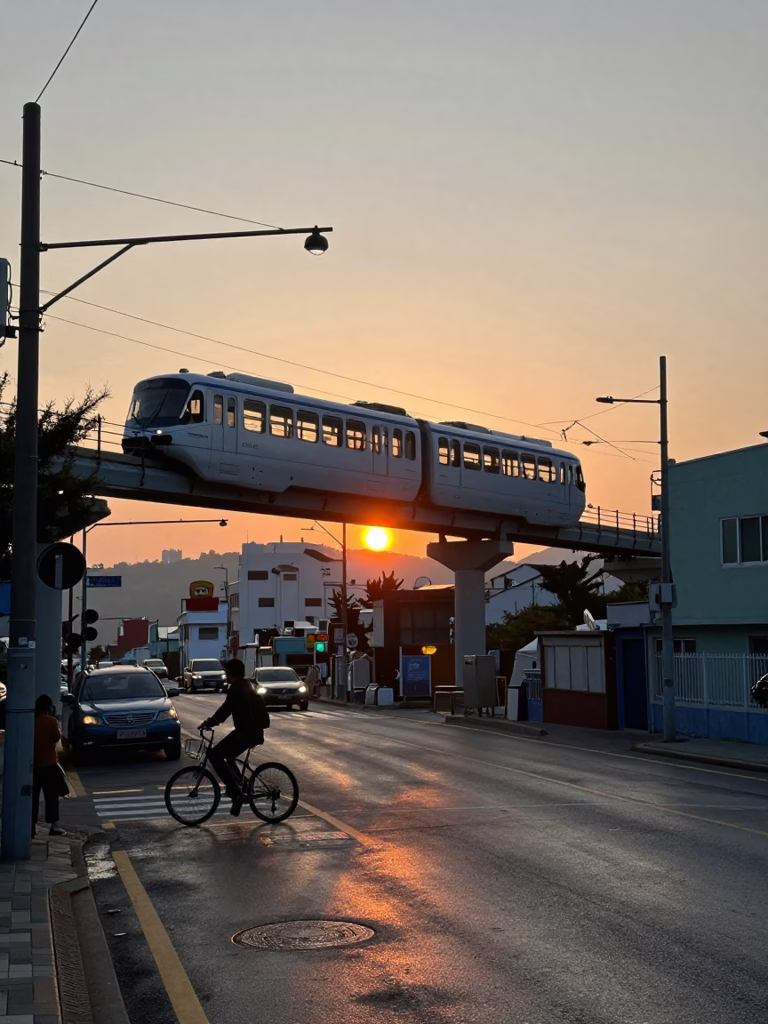 Dusk Street Scene in Busan South Korea with Monorail and Bicycle in in Busan, South Korea