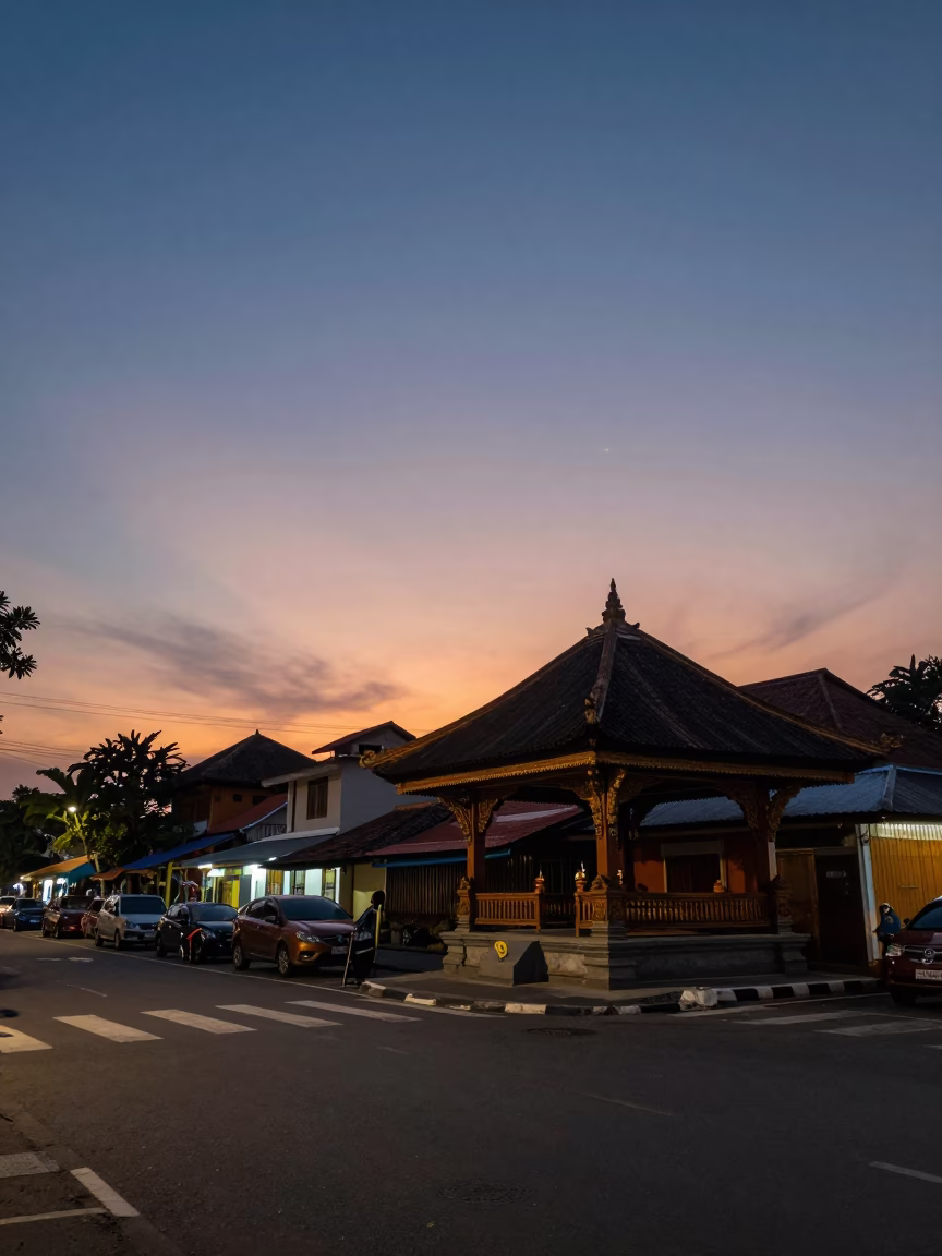 Dusk Street Scene in Denpasar Bali Indonesia with Traditional Architecture and Local Life in in Denpasar, Indonesia