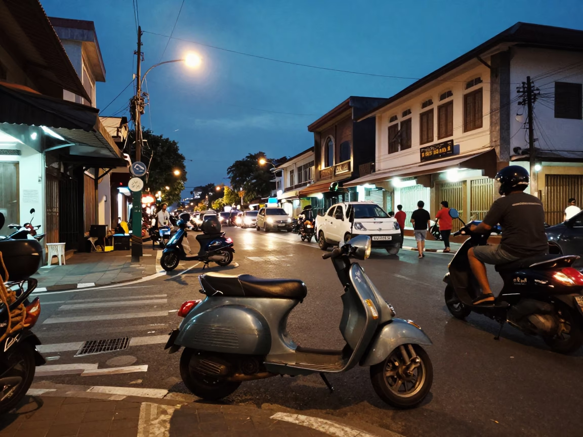 Dusk Street Scene in Denpasar Indonesia with Vintage Scooter and Local Market Activity in in Denpasar, Indonesia