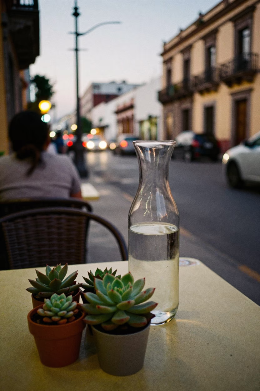 Dusk Street Scene in Guadalajara Mexico with Glass Carafe and Succulents in in Guadalajara, Mexico
