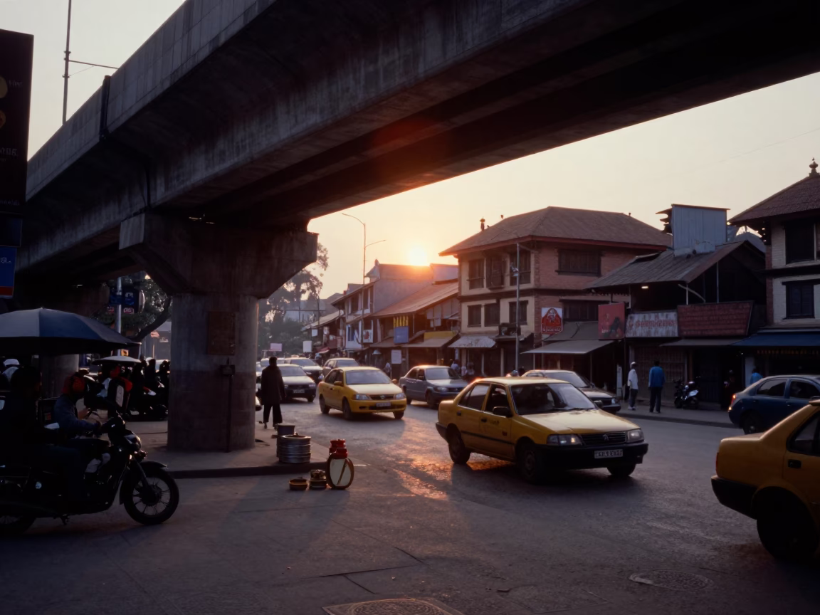 Dusk Street Scene in Kathmandu Nepal with Spice Tins and Busy Traffic Under Flyover in in Kathmandu, Nepal