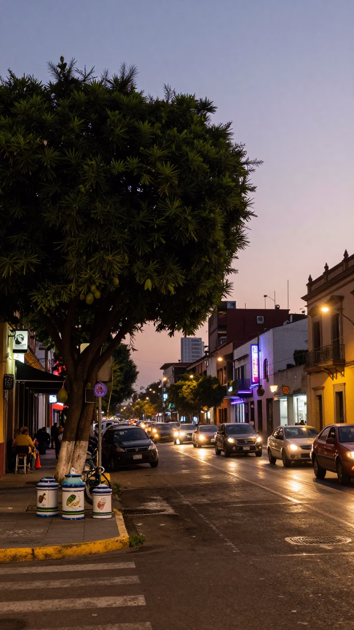 Dusk Street Scene in Mexico City with Avocado Tree and Enamel Pitcher in in Mexico City, Mexico