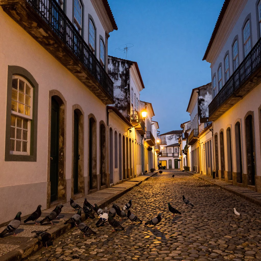 Dusk Street Scene in Salvador Brazil with Pigeons and Cobblestones in in Salvador, Brazil