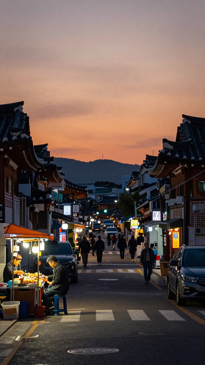 Dusk street scene in Seoul South Korea with night lights and busy urban life in in Seoul, South Korea