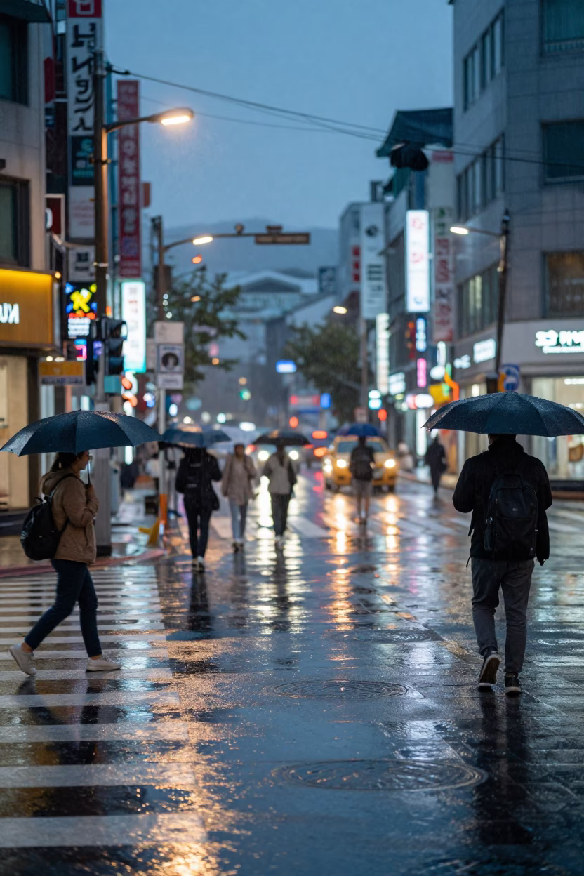 Dusk street scene in Seoul with wet pavement and distant city lights in in Seoul, South Korea