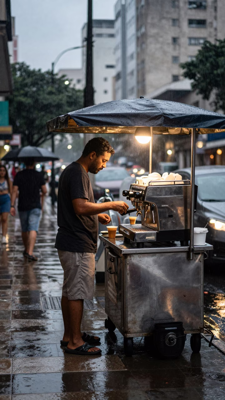 Dusk street vendor in São Paulo serving coffee amidst light rain in in São Paulo, Brazil
