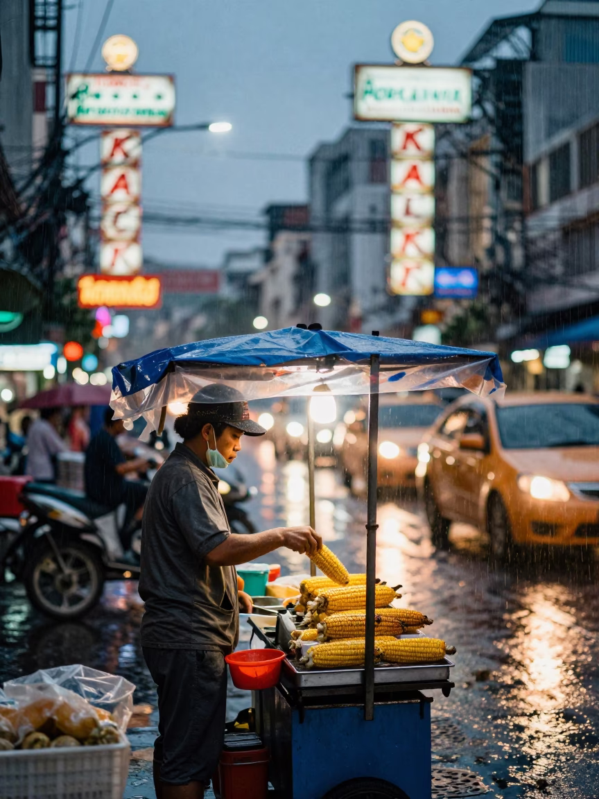 Dusk Street Vendor Sells Grilled Corn Under Rain in Bangkok in in Bangkok, Thailand