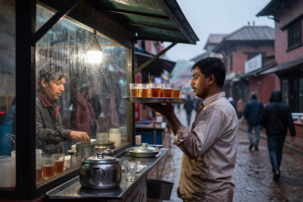 Dusk street vendor serving hot tea on rain soaked Kathmandu pavement in in Kathmandu, Nepal