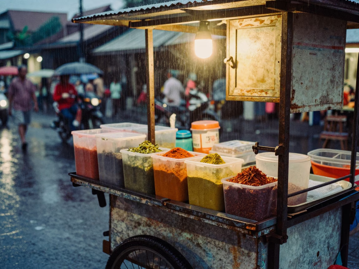 Dusk street vendor stall in Denpasar Indonesia with rain and daily life in in Denpasar, Indonesia