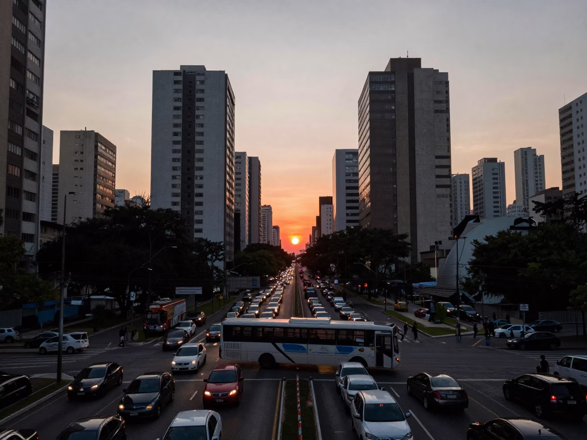 Dusk Traffic and Architecture in São Paulo Brazil Evening Commute Scene in in São Paulo, Brazil