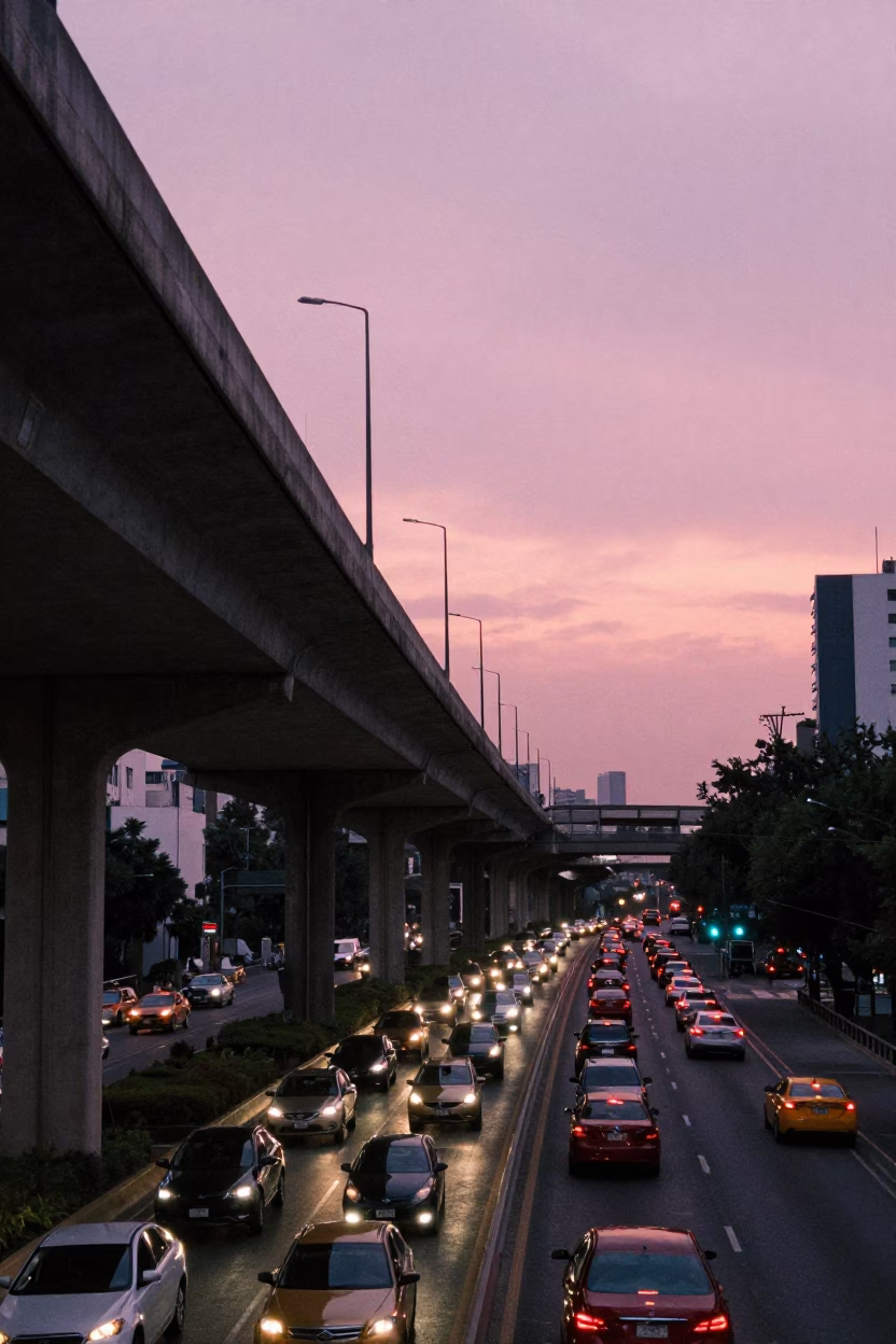 Dusk Traffic on Mexico City Highway Flyover with Pink Sky and Urban Infrastructure in in Mexico City, Mexico
