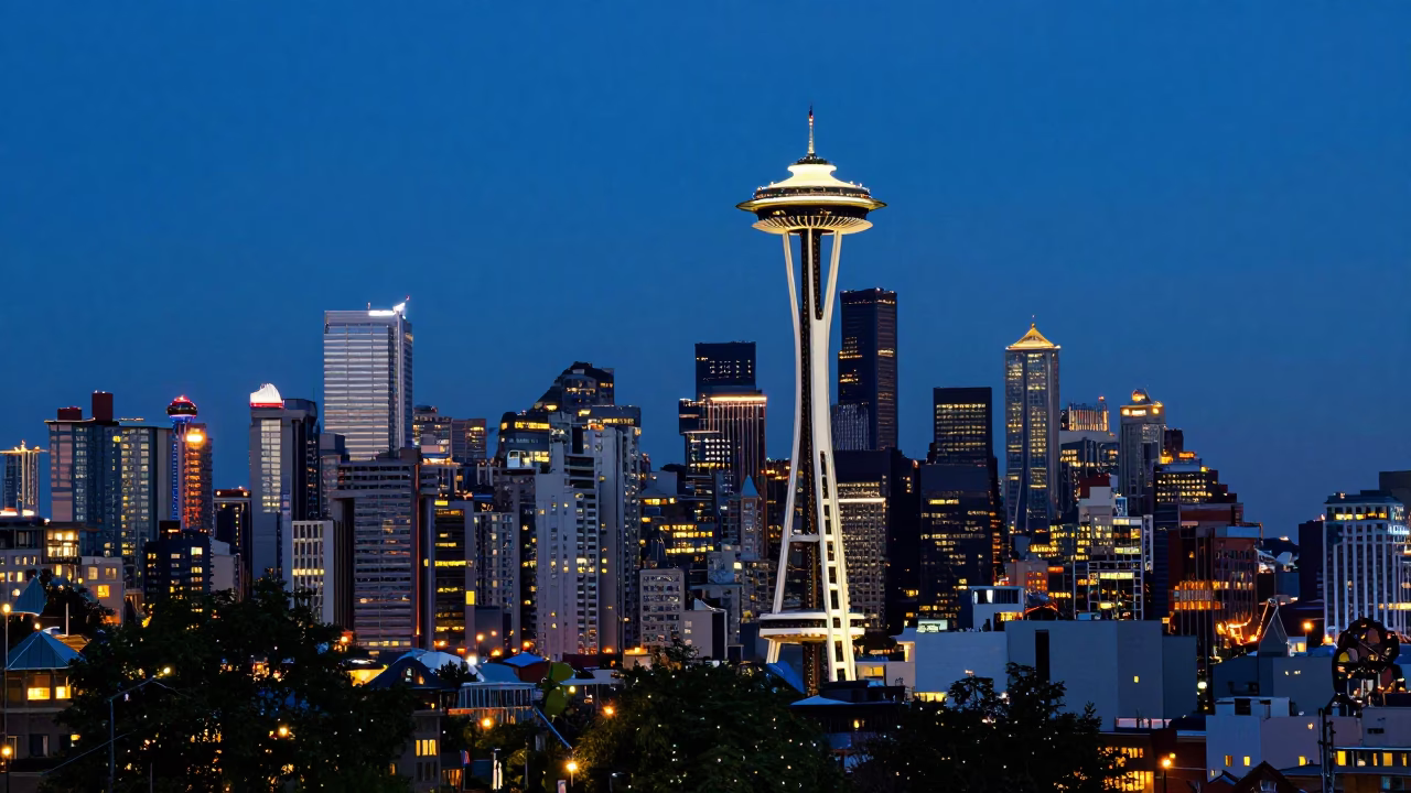 Dusk View at As City Lights Begin To Glow in Seattle in in Seattle, Washington, United States
