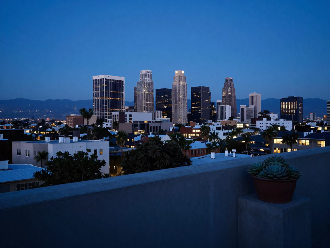 Dusk View from Los Angeles Balcony with Potted Succulents and Glass Window Reflection in in Los Angeles, California, United States