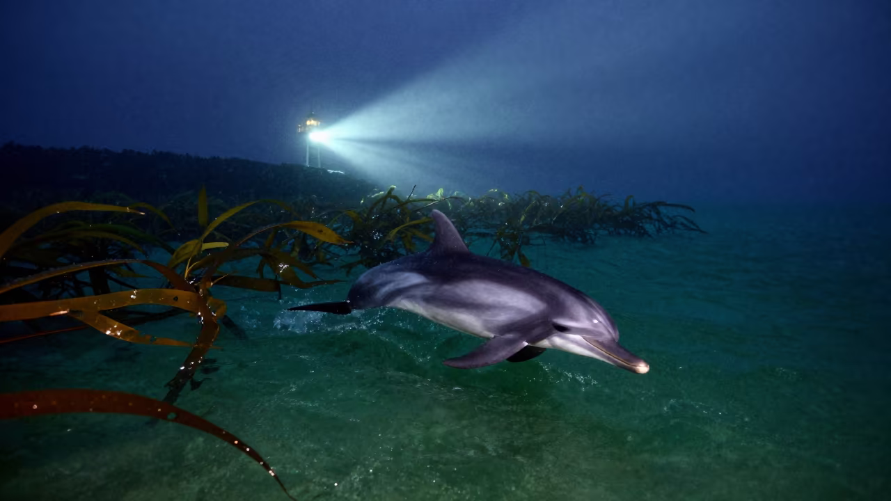 Dusky Dolphin Sweeping Through Kelp in Fiji in along a kelp-fringed shelf in Fiji