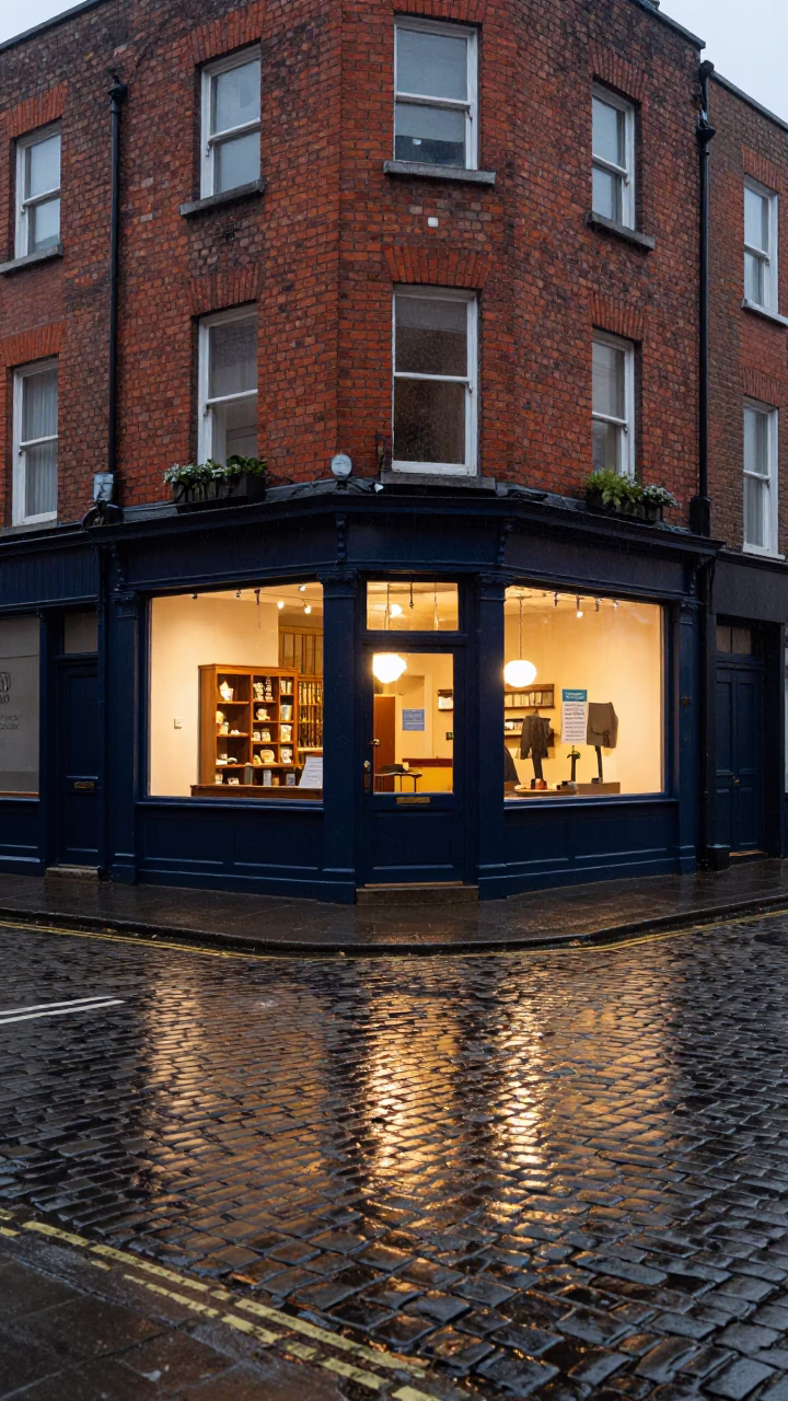Dusky Dublin Street Corner with Wet Cobblestones and Local Shopfront in in Dublin, Ireland