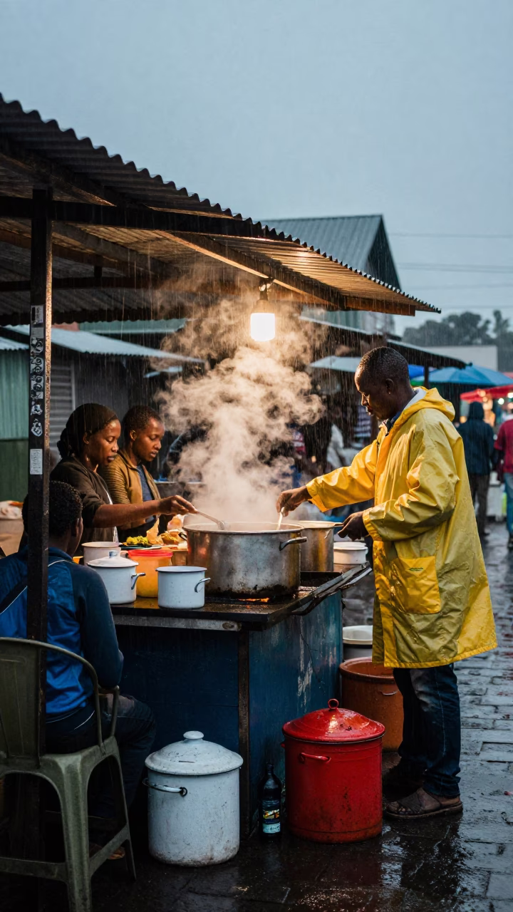 Dusky Durban street food stall with enamelware and rain-soaked pavement in in Durban, South Africa