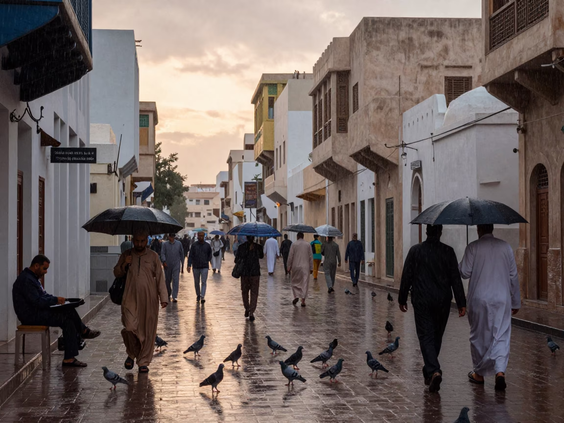 Dusky Muscat Street Scene with Rain and Pigeons in in Muscat, Oman