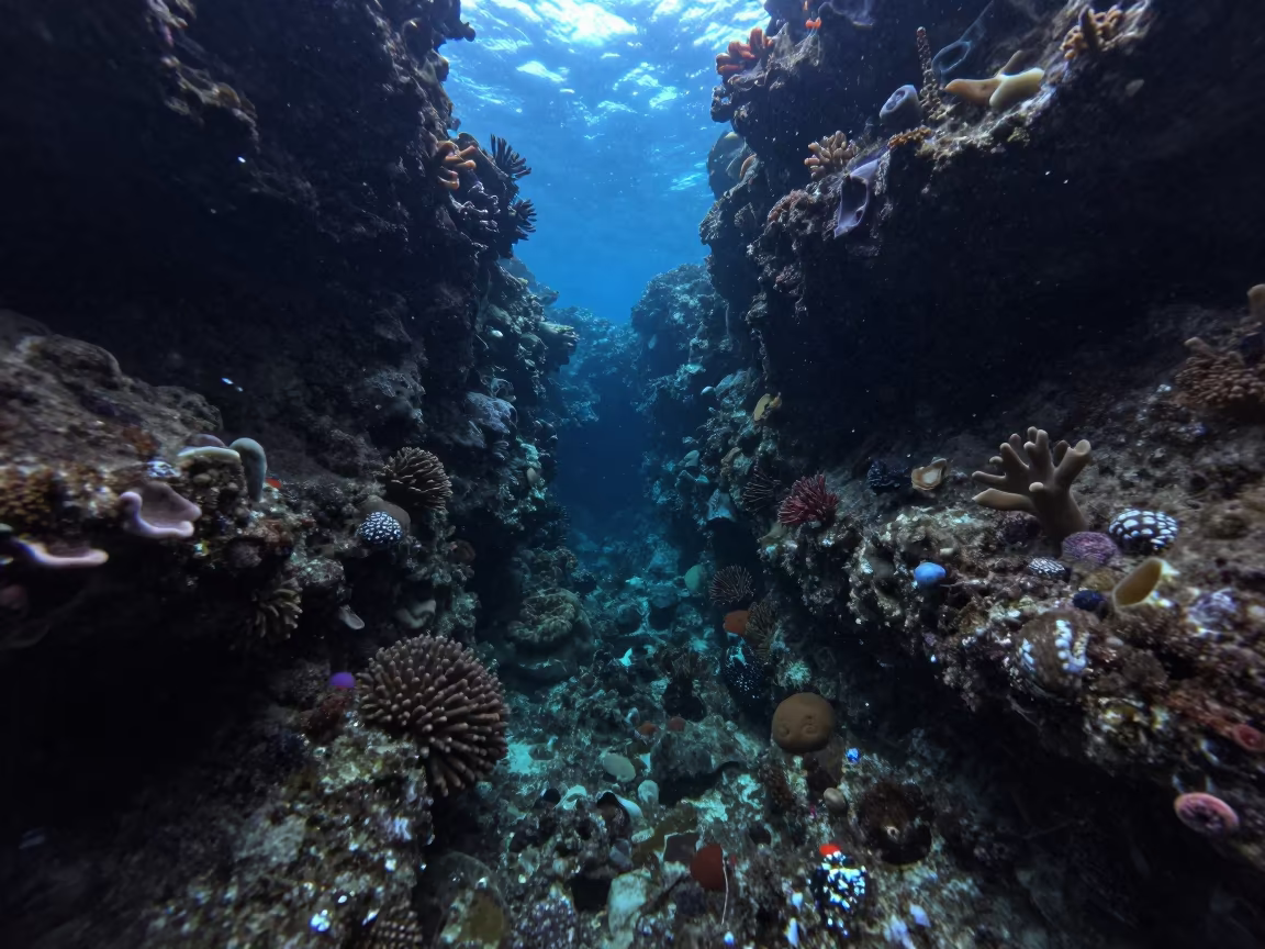 Dusky Reef Crevice With Glittering Particles in beside a reef crevice under clear water near Cairns