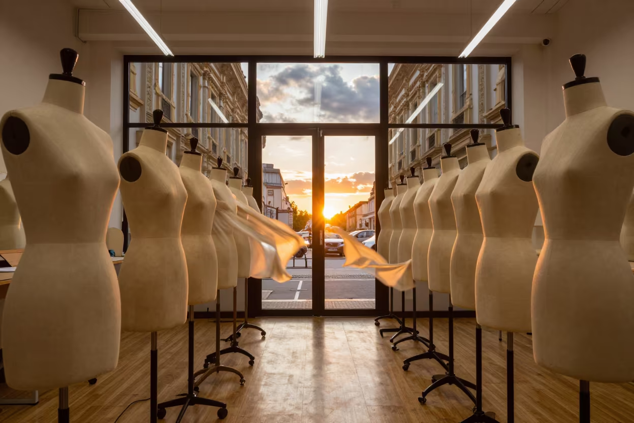 Dusseldorf Fashion Classroom Dress Forms Neon in along a neon-lit arcade in Dusseldorf