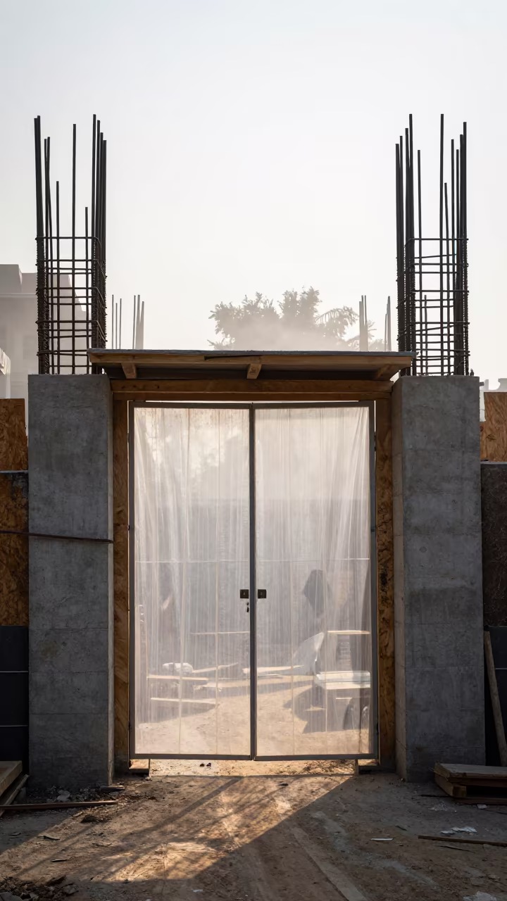 Dust Barrier Zipper Door on Rajasthan Scaffolding in along a scaffolded facade in Rajasthan